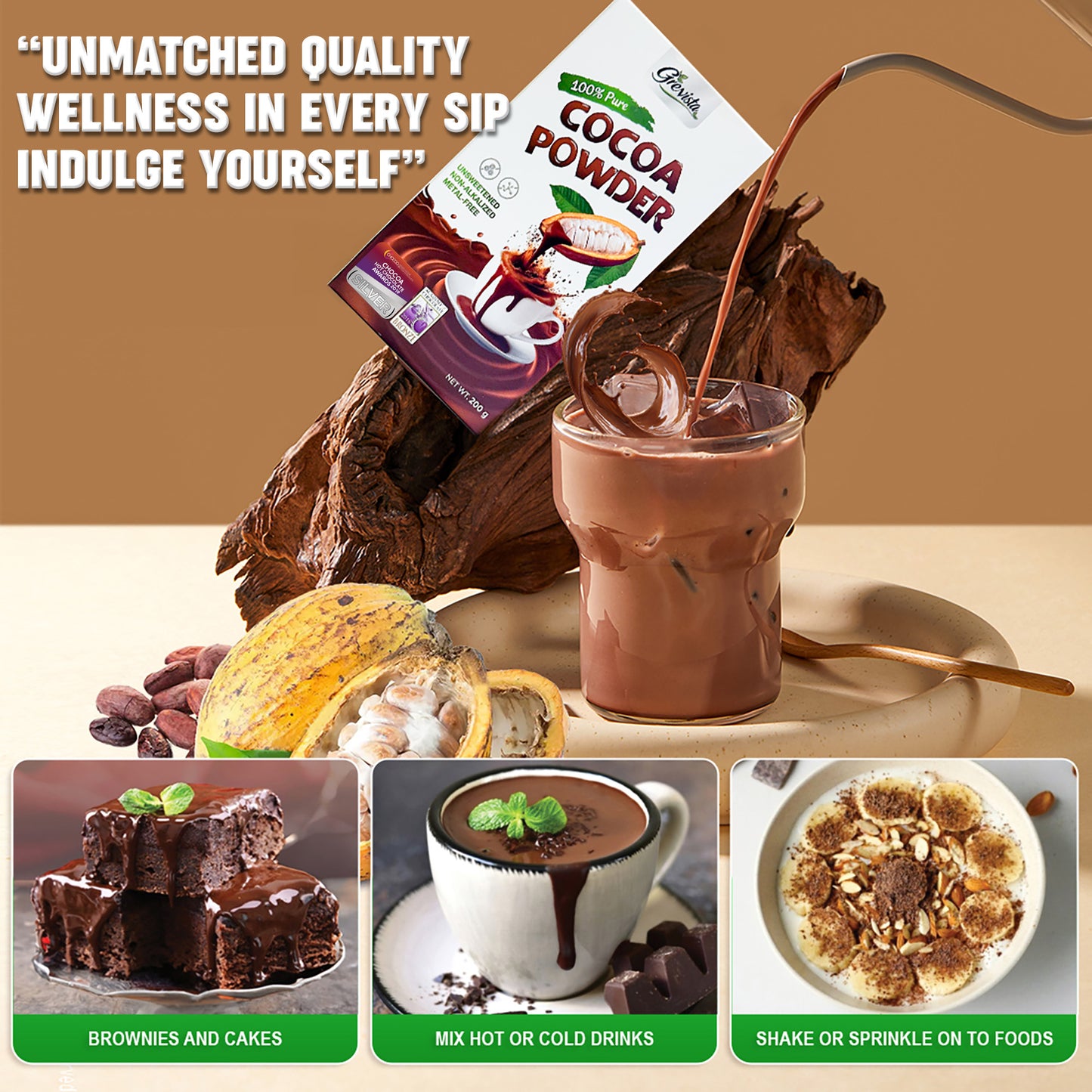 Grevista 100% pure cacao powder - Organic cocoa powder unsweetend, Non alkalized. Rich Flavonoid