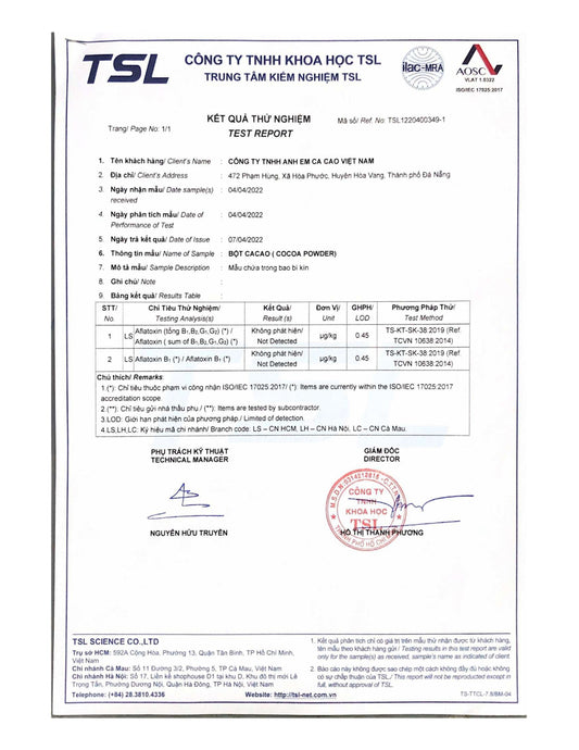 Test for toxins and mold for cocoa powder