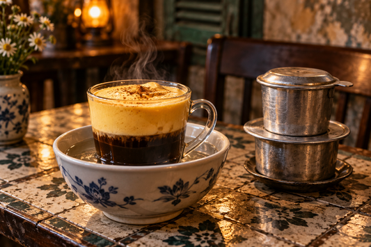Vietnamese egg coffee served in a glass cup resting in a porcelain bowl of hot water, whipped egg-yolk cream over dark coffee, with a phin filter on an old tiled Hanoi table