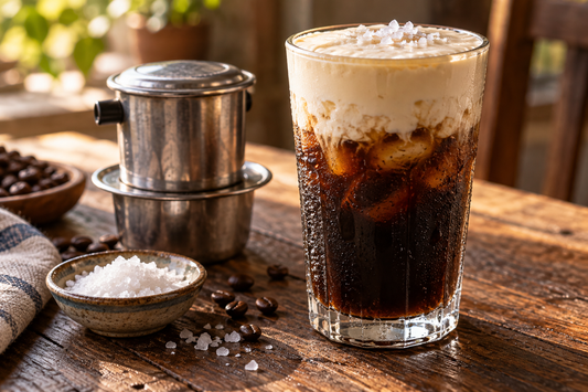 Vietnamese salt coffee in a tall glass, iced dark coffee under a salted cream cap, beside an aluminium phin filter and a dish of sea salt