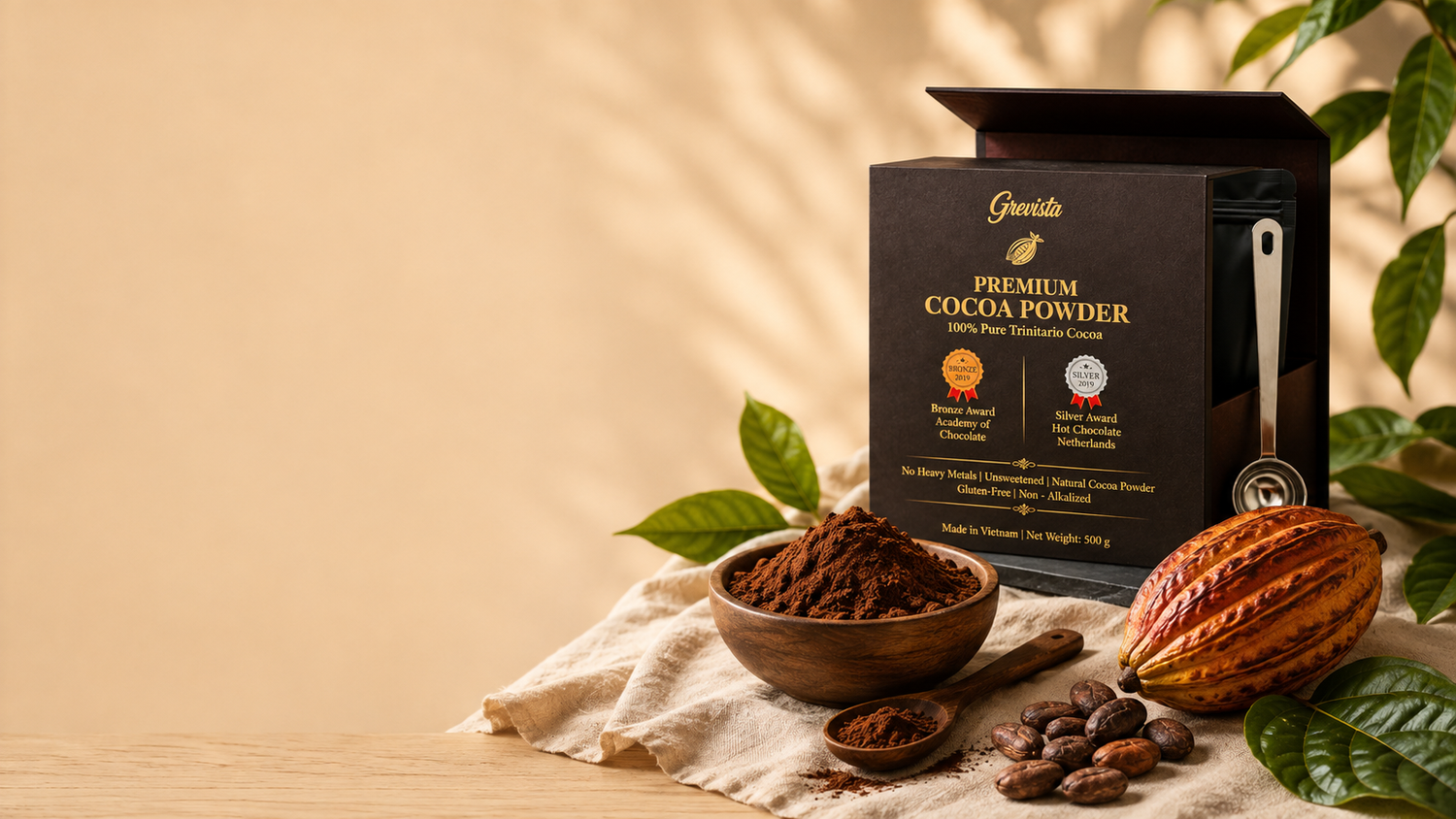 Grevista premium organic cacao powder gift box with a wooden bowl of pure cacao, cacao pod and beans
