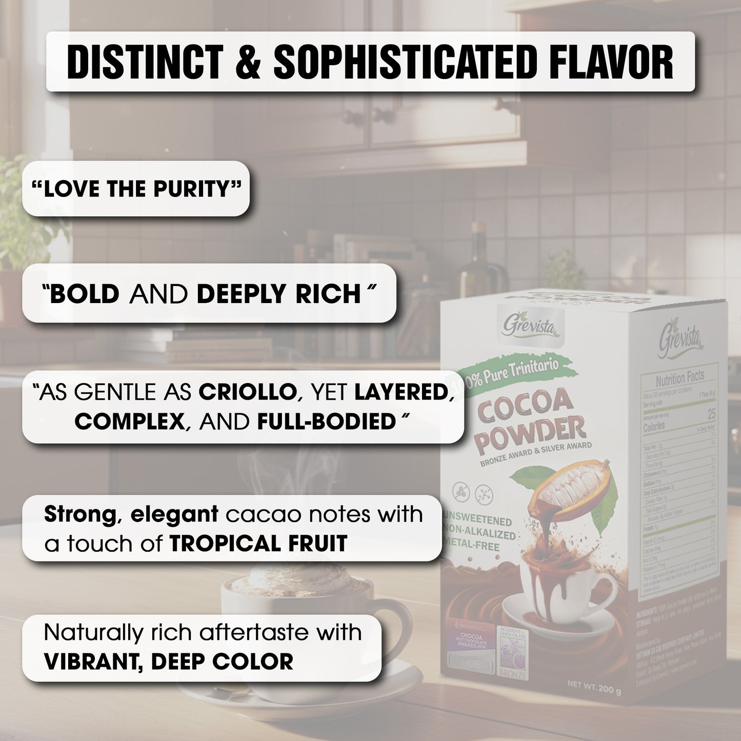 Grevista 100% pure cacao powder - Organic cocoa powder unsweetend, Non alkalized. Rich Flavonoid