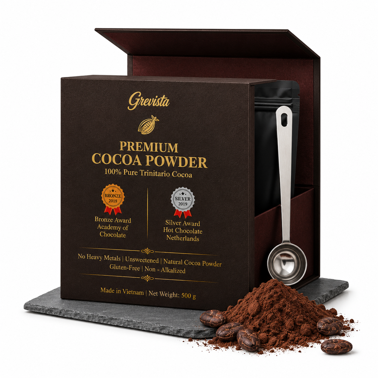 Grevista 100% pure cacao powder - Organic cocoa powder unsweetend, Non alkalized. Rich Flavonoid