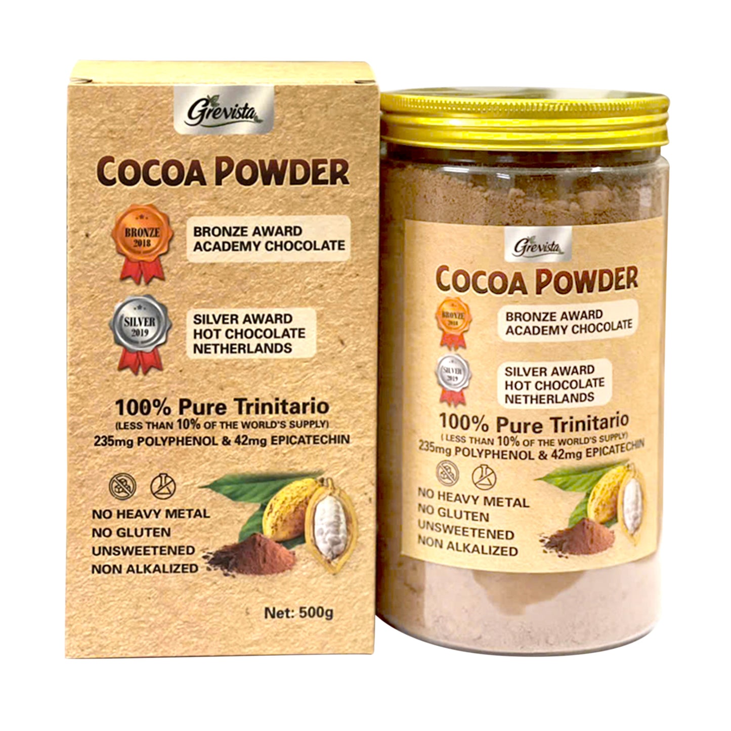 Grevista 100% pure cacao powder - Organic cocoa powder unsweetend, Non alkalized. Rich Flavonoid