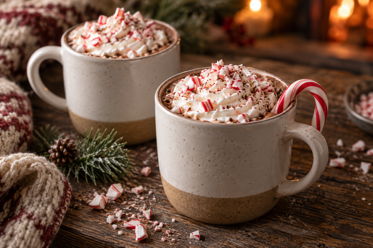 Two mugs of peppermint hot chocolate topped with whipped cream and crushed candy cane
