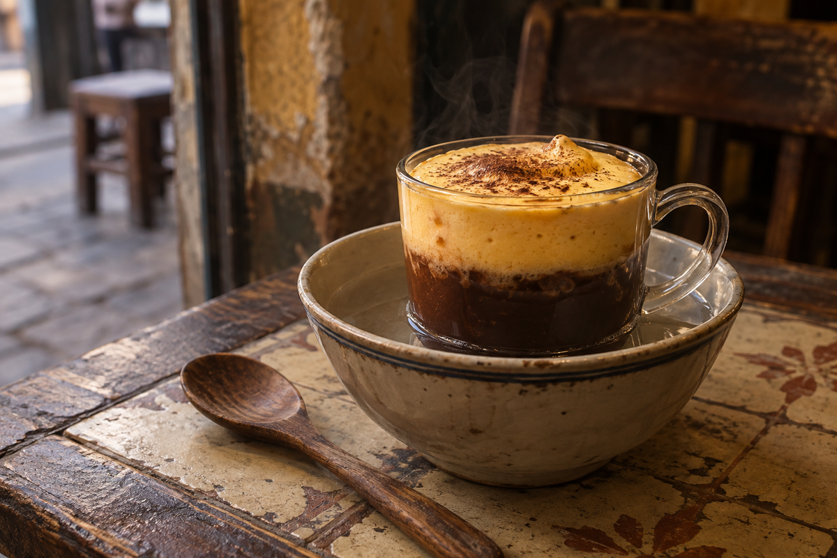 Hanoi egg cocoa served in a glass cup resting in a bowl of hot water, whipped egg-yolk cream over dark cocoa