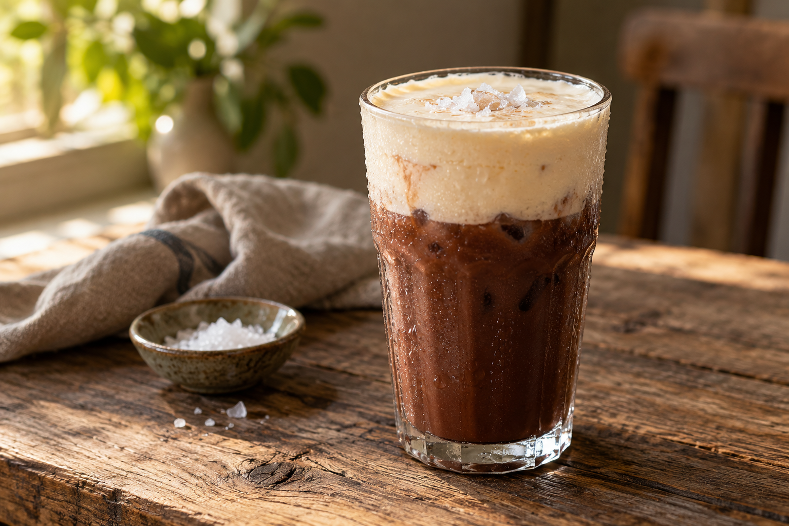 Vietnamese salted cocoa in a tall glass, dark cocoa under a salted cream cap with sea salt flakes on top